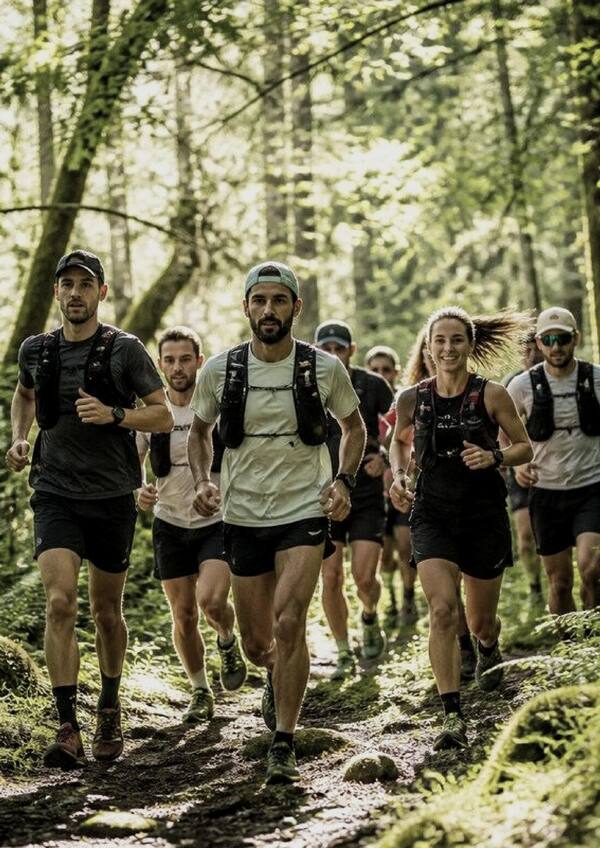 Club runners moving through a wooded stretch of the Camino de Santiago